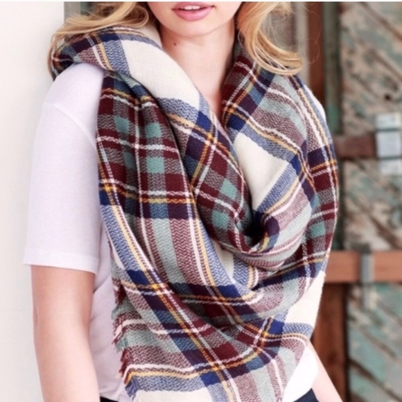 Teal Mint Plaid Frayed Hem Blanket Scarf - Picture 3 of 5